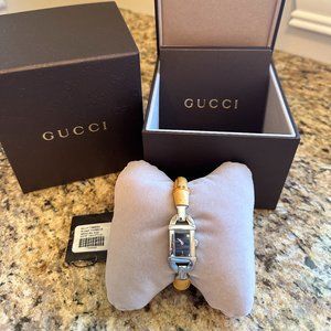 Gucci YA068518 Women's Rectangular Analog Petite Stainless Steel Bamboo Watch